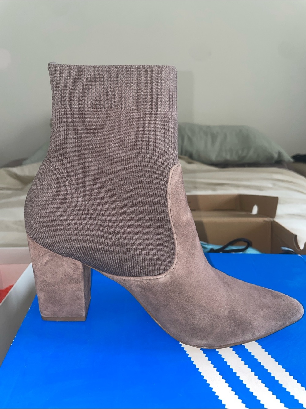 Steve Madden Taupe Knit Suede Block Heel Ankle Bootie